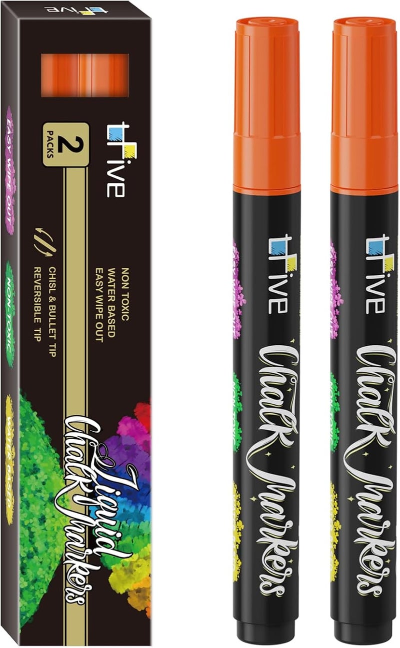 TFIVE Orange Liquid Chalk Markers - 2 Pack Bright Colors Erasable Chalk Marker Pens, Reversible Tip, Non-Toxic, for Chalkboards, Signs, Glass, Easy to use Chalk markers TF800 - Image 1